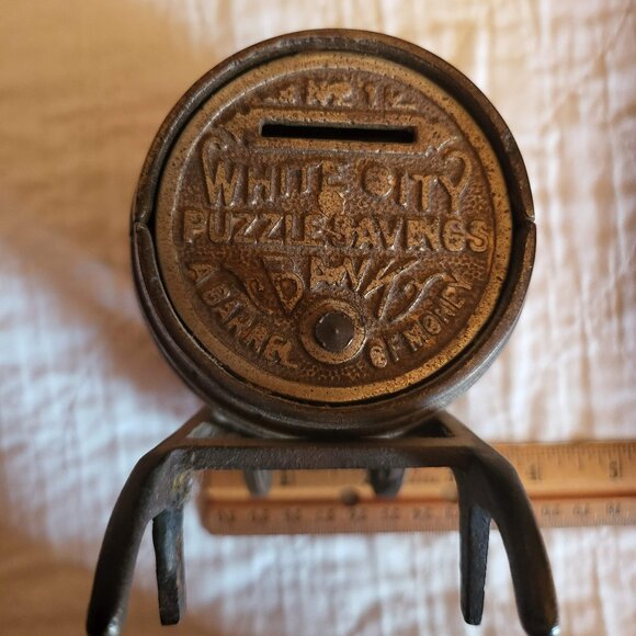 Antique White City Puzzle Savings Barrel Bank No. 1 Very Good Condition